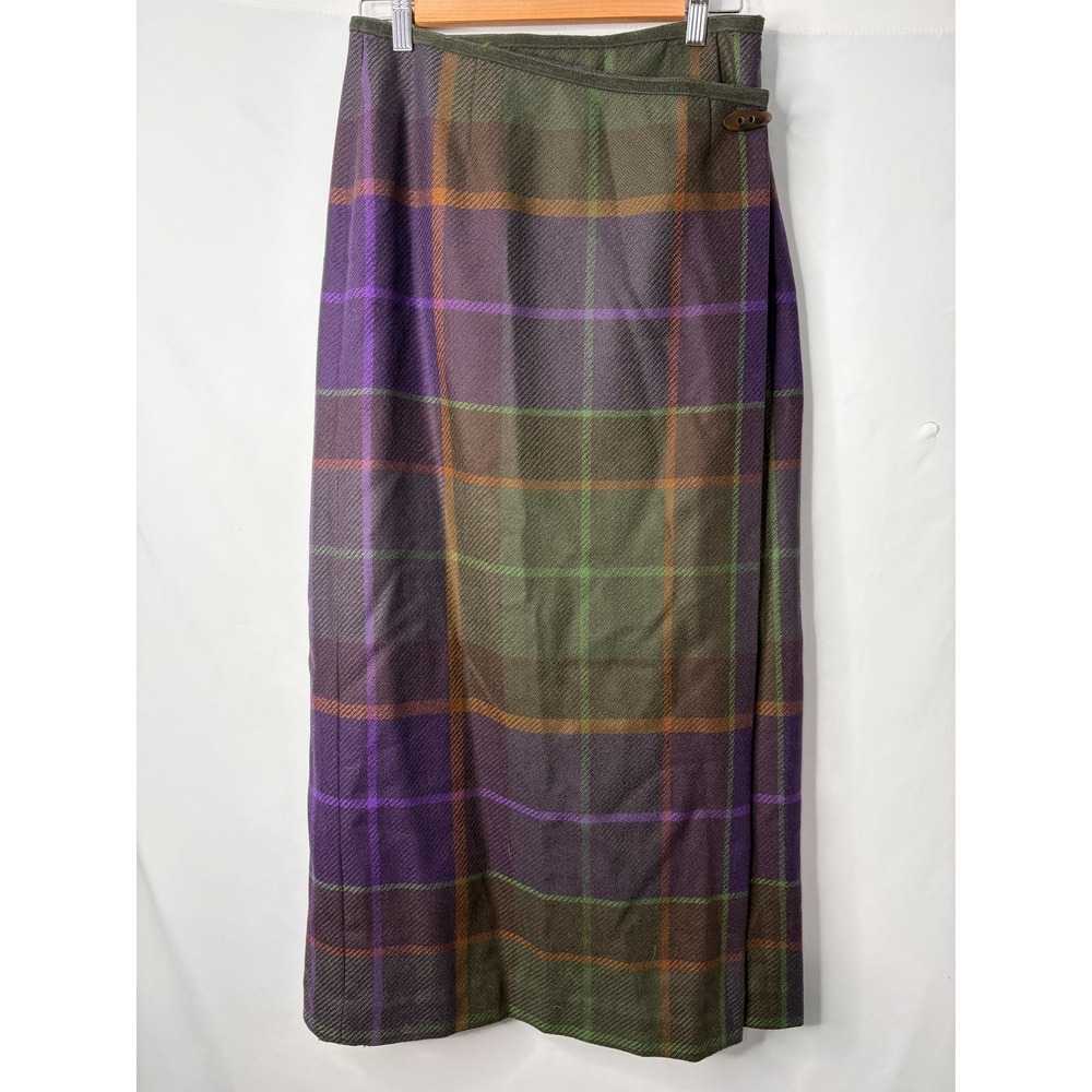 VTG Talbots 100% Wool Wrap Maxi Skirt 8 Purple Green Plaid Equestrian Old Money